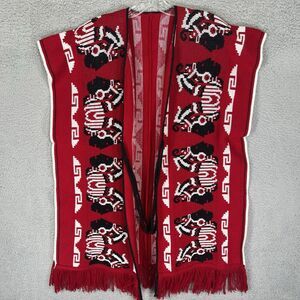 Serape Poncho One Size Red Black Aztec Mayan Profile AOP Fringe Boho